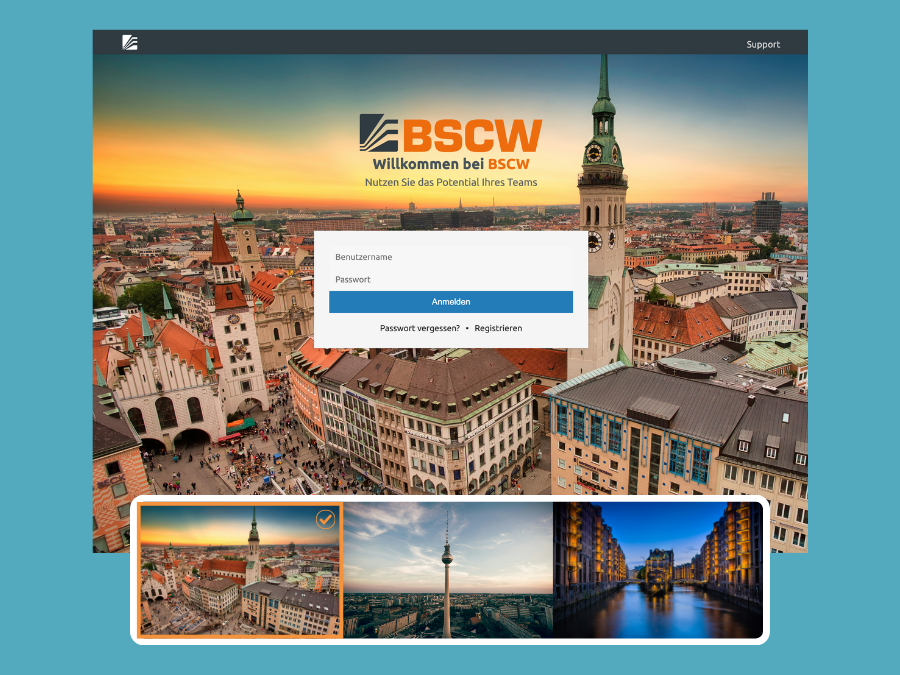 BSCW Login-Seite mit individuellem Hintergrundbild und Logo